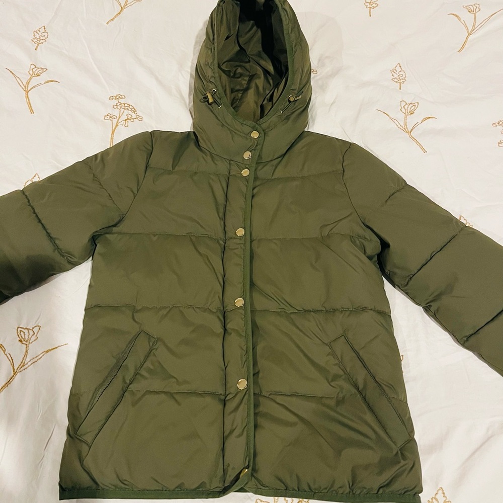 J. Crew Olive Green Puffer Jacket with Attached Hood